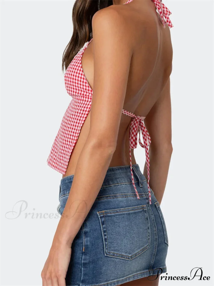 Checkered Halter Open Back Low-cut Crop Top - Image 2