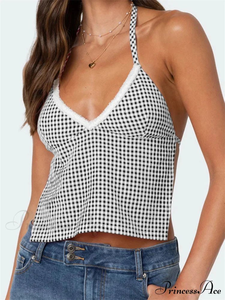 Checkered Halter Open Back Low-cut Crop Top - Image 3