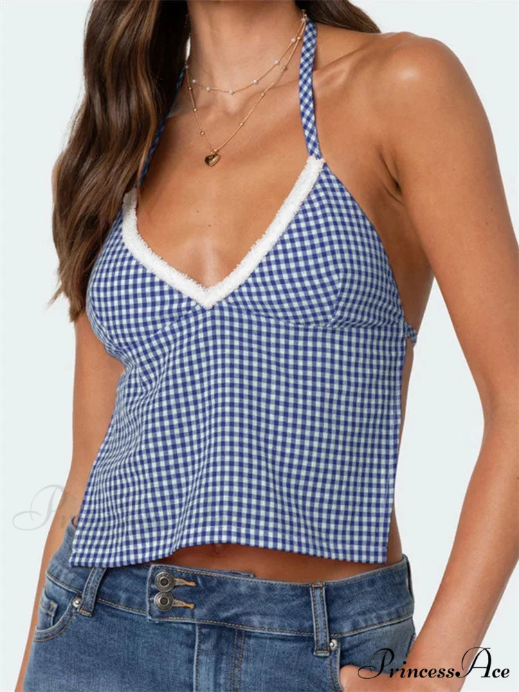 Checkered Halter Open Back Low-cut Crop Top - Image 5