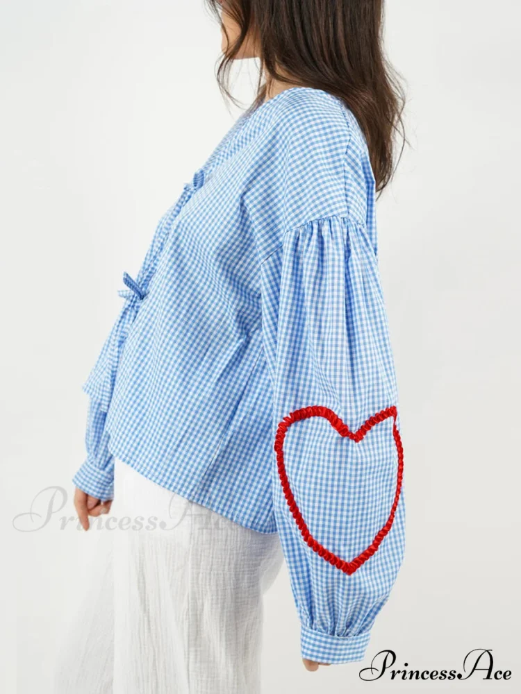 Checkered Heart Trim Fasten Blouse - Image 2