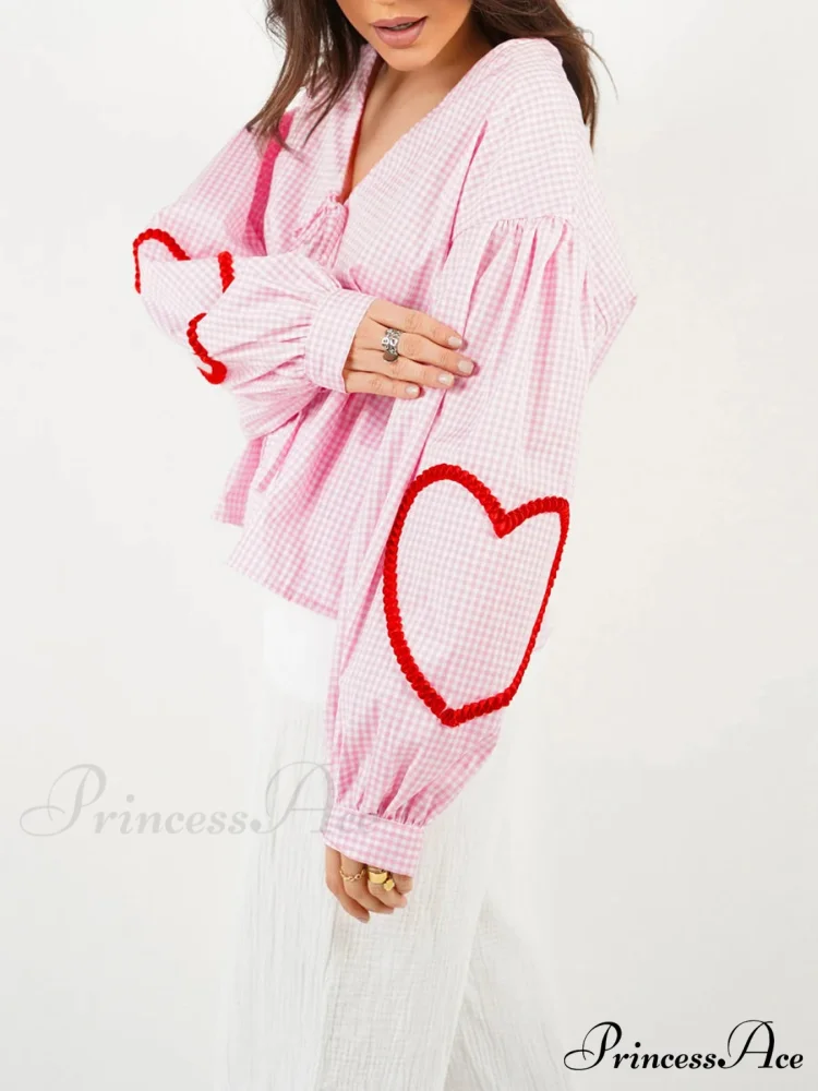 Checkered Heart Trim Fasten Blouse - Image 3