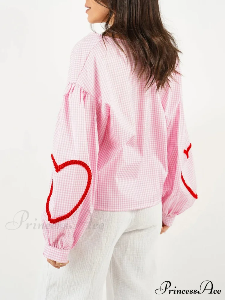 Checkered Heart Trim Fasten Blouse - Image 4