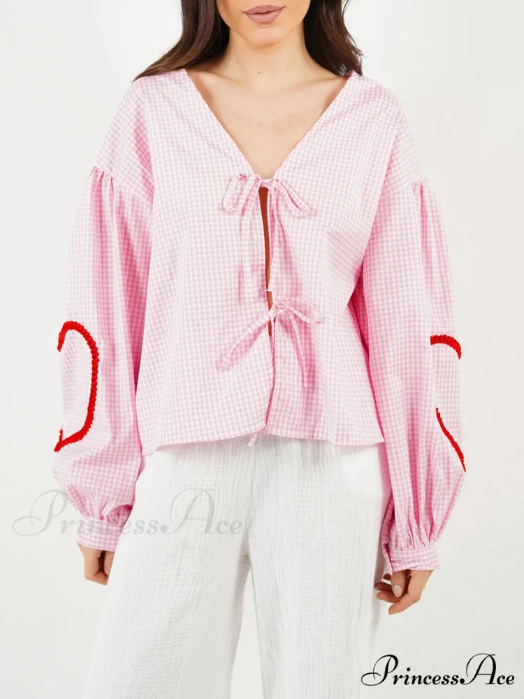 Checkered Heart Trim Fasten Blouse - Image 5