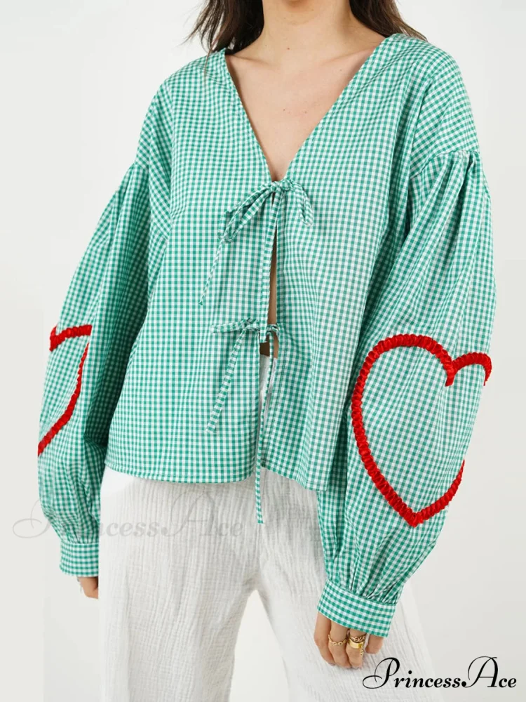 Checkered Heart Trim Fasten Blouse - Image 6