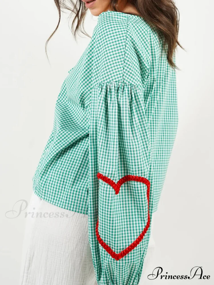 Checkered Heart Trim Fasten Blouse - Image 7