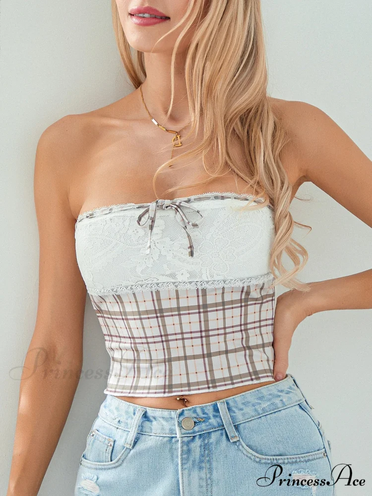 Checkered Lace Patchwork Off-the-shoulder Bandeau Top - Image 2