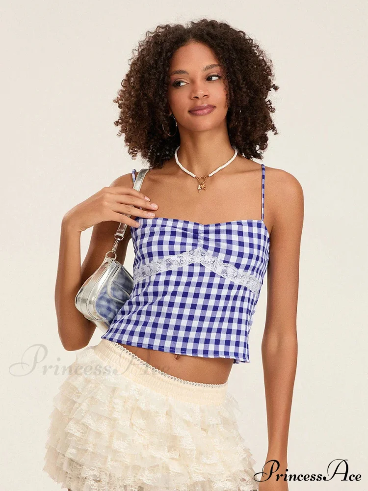 Checkered Lace Patchwork Thin Strap Deep-neck Crop Top