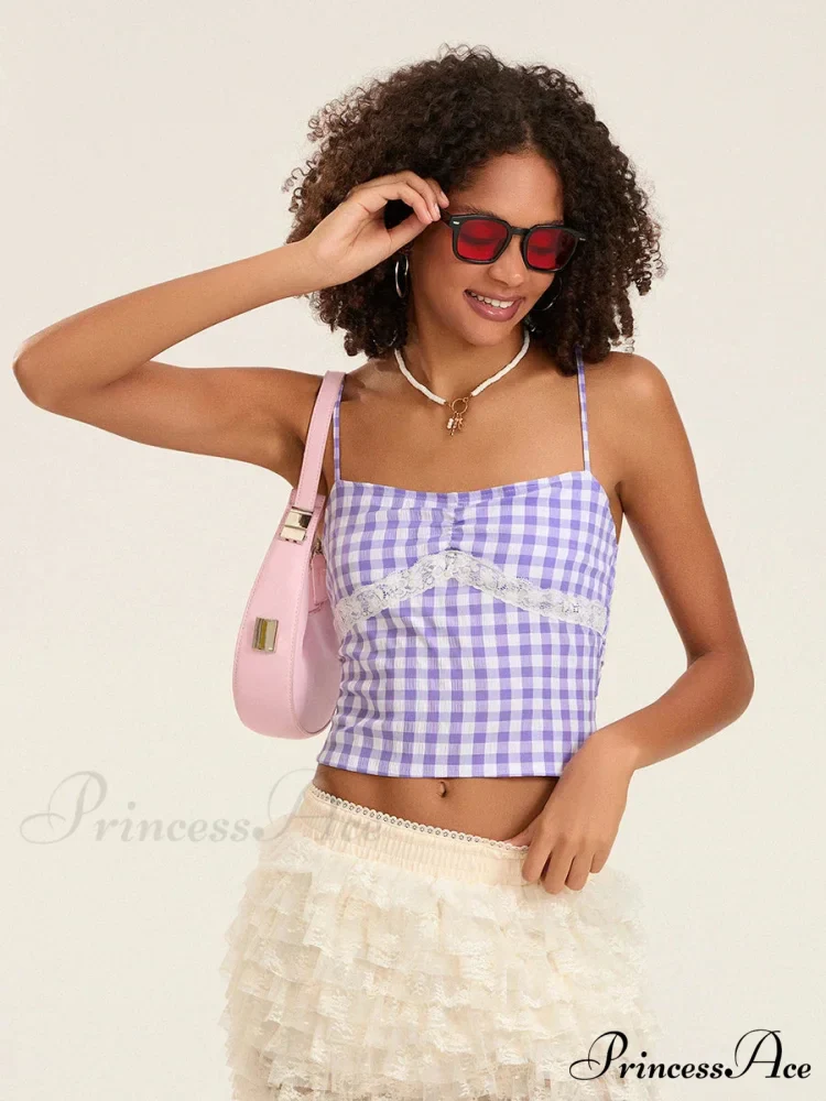 Checkered Lace Patchwork Thin Strap Deep-neck Crop Top - Image 3