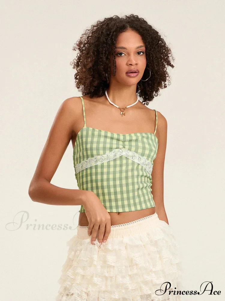 Checkered Lace Patchwork Thin Strap Deep-neck Crop Top - Image 4