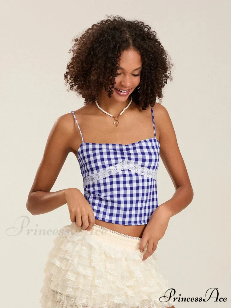 Checkered Lace Patchwork Thin Strap Deep-neck Crop Top - Image 6