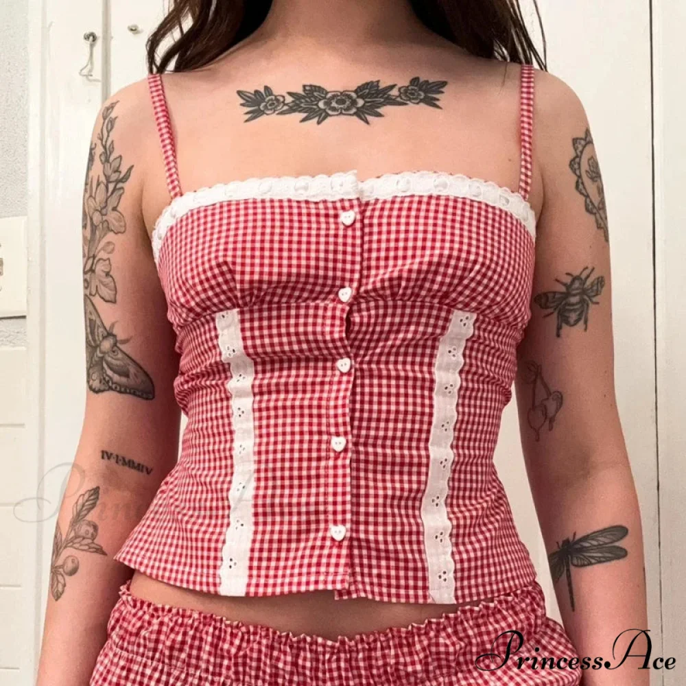 Checkered Lace Trim Cropped Blouse - Image 2