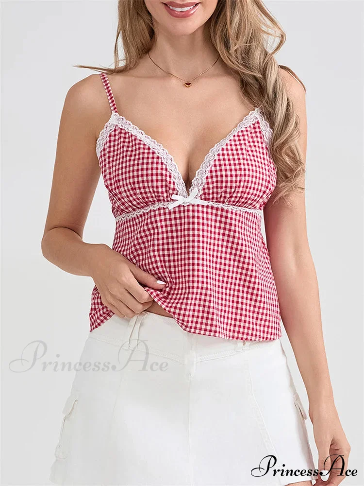 Checkered Lace Trim Thin Strap Tank Crop Top - Image 2