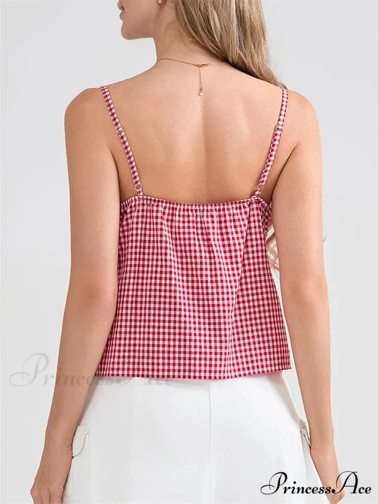 Checkered Lace Trim Thin Strap Tank Crop Top - Image 3