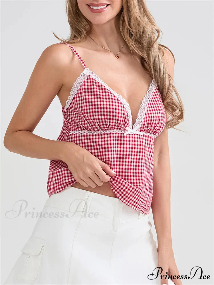 Checkered Lace Trim Thin Strap Tank Crop Top - Image 4