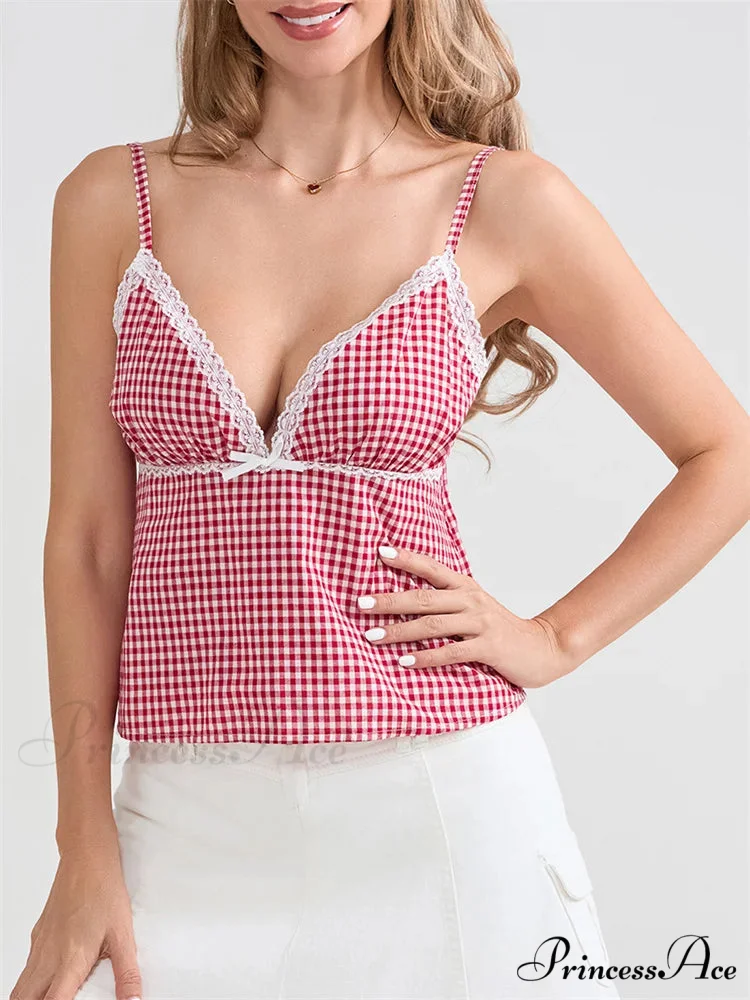 Checkered Lace Trim Thin Strap Tank Crop Top - Image 5