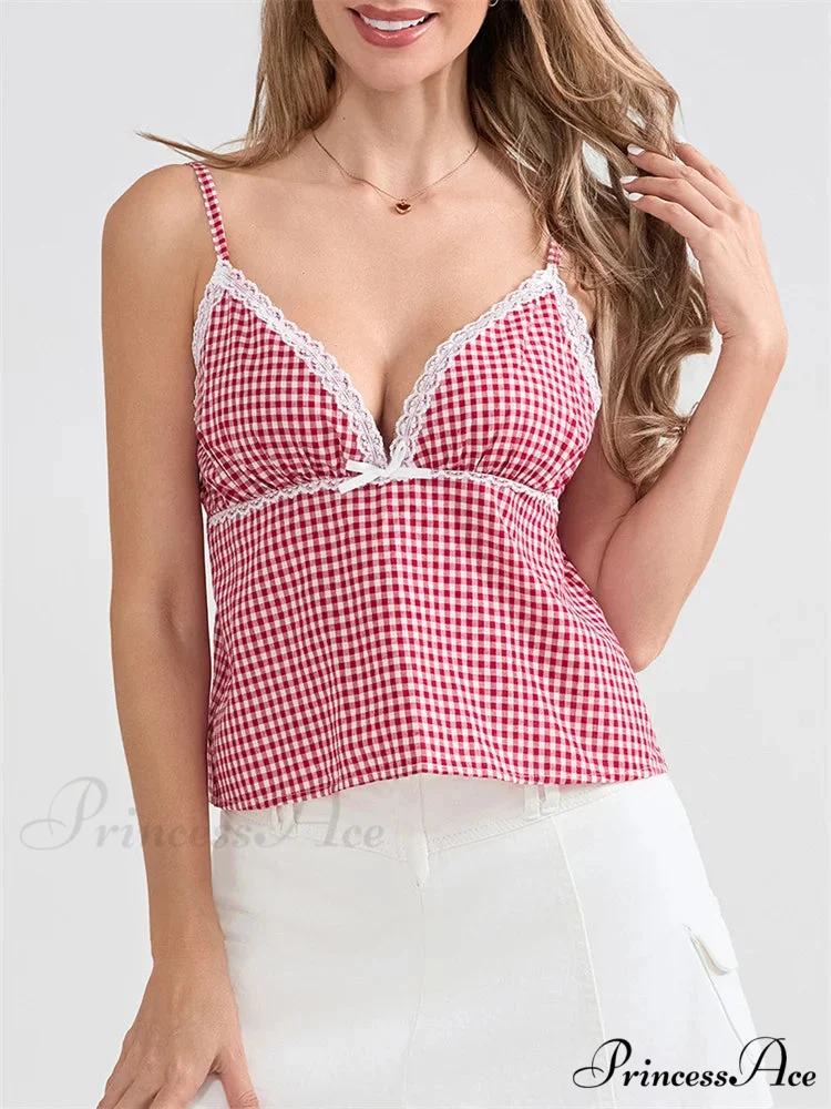 Checkered Lace Trim Thin Strap Tank Crop Top - Image 6