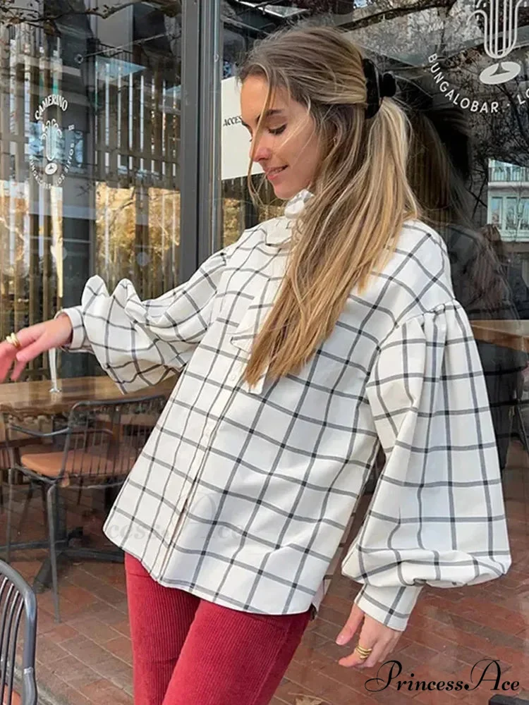 Checkered Long Sleeve Lace Up Single Breasted Top - Image 2