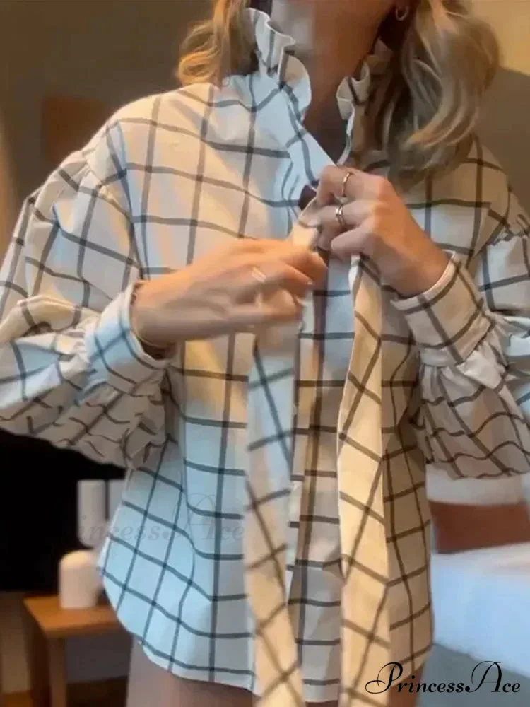 Checkered Long Sleeve Lace Up Single Breasted Top - Image 4