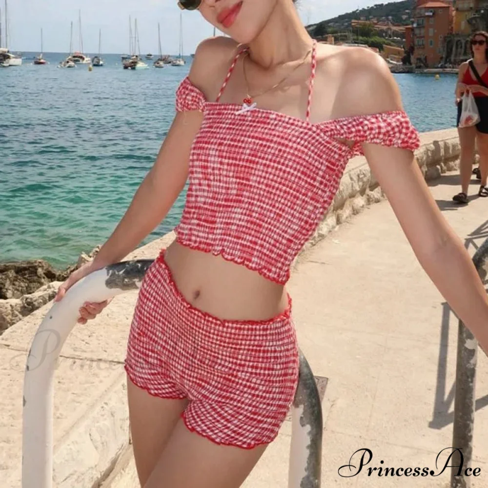 Checkered Matching Cropped Tank High Waist Shorts Two Pieces Set - Image 4