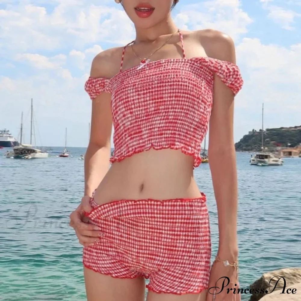 Checkered Matching Cropped Tank High Waist Shorts Two Pieces Set - Image 5