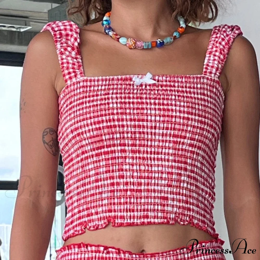 Checkered Matching Cropped Tank High Waist Shorts Two Pieces Set - Image 6