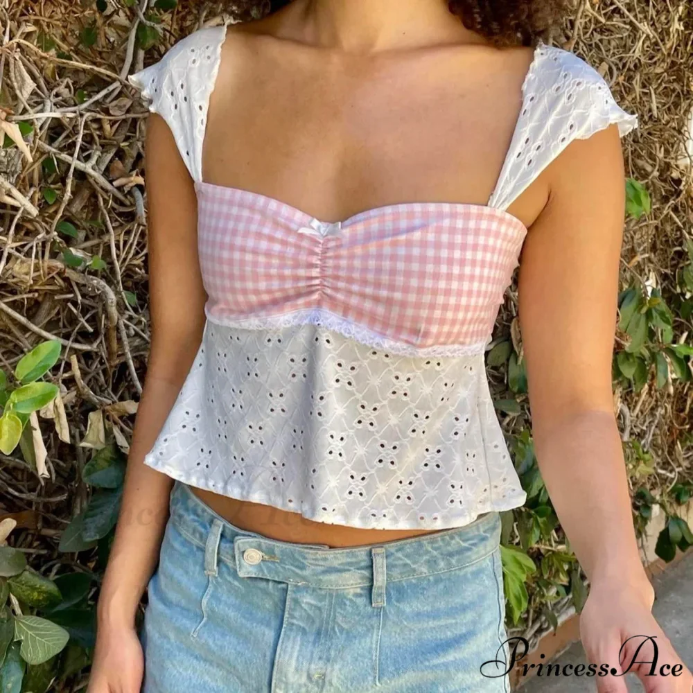 Checkered Patchwork Tie-Up Crop Top - Image 6
