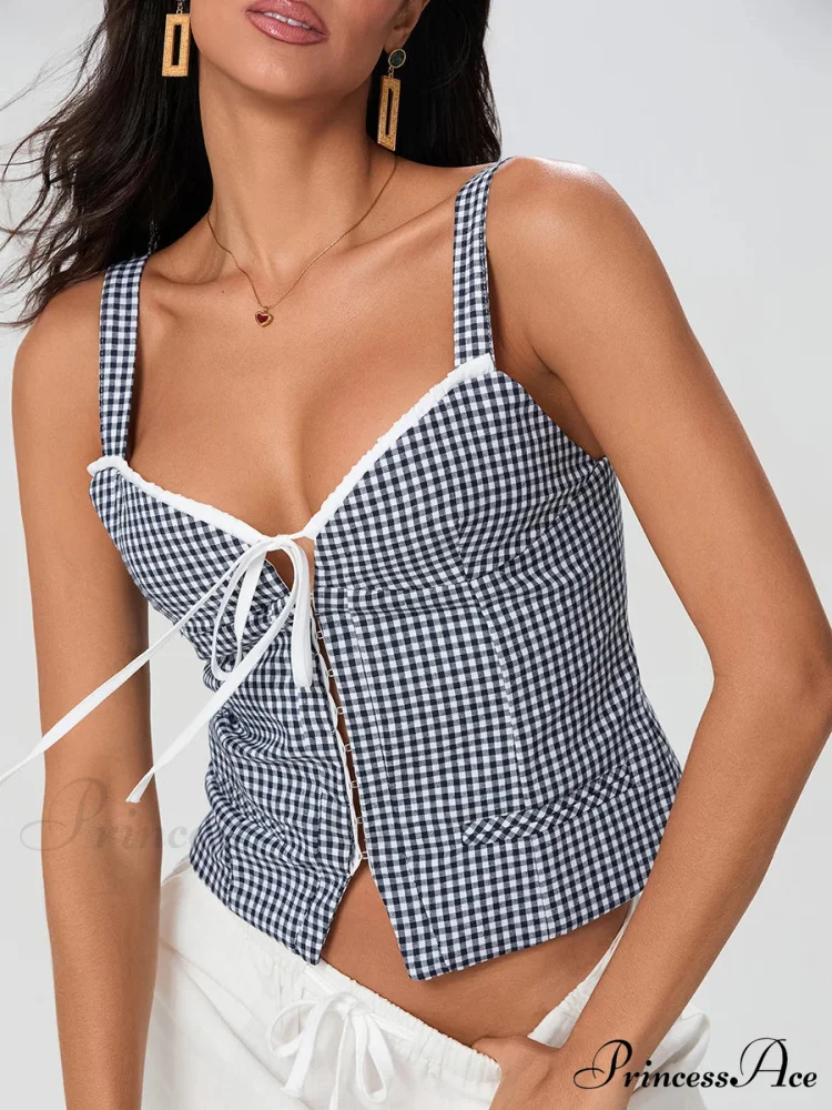 Checkered Pattern Backless Sleeveless Deep Neck Tied Crop Top - Image 2