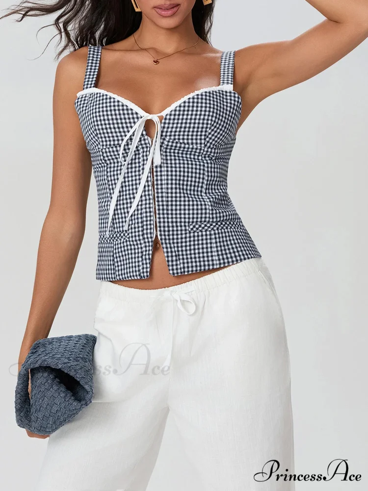 Checkered Pattern Backless Sleeveless Deep Neck Tied Crop Top - Image 3