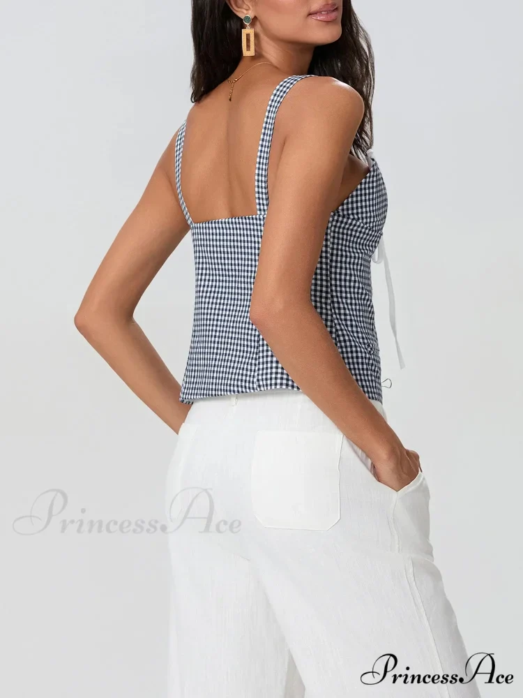 Checkered Pattern Backless Sleeveless Deep Neck Tied Crop Top - Image 4