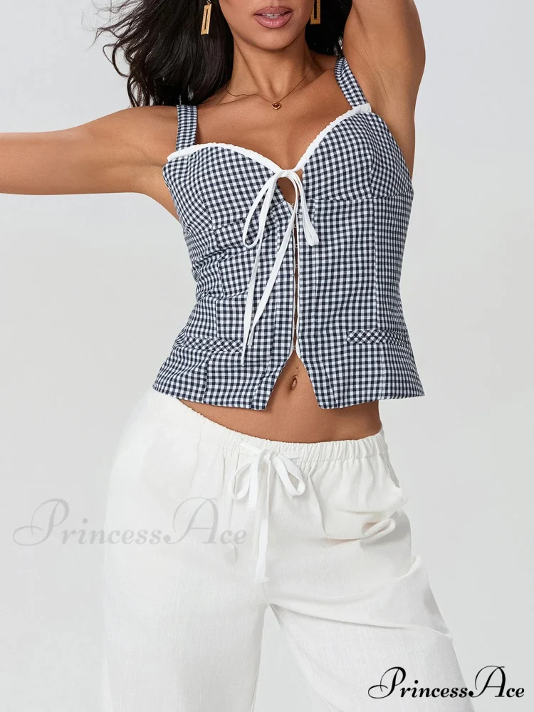 Checkered Pattern Backless Sleeveless Deep Neck Tied Crop Top - Image 5