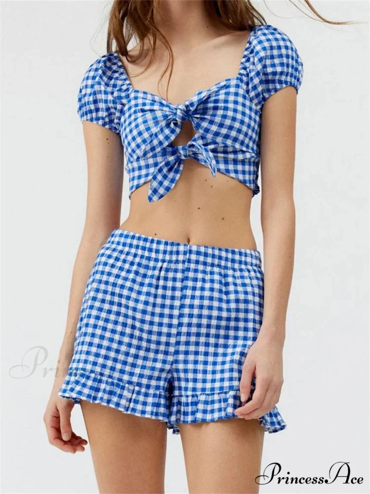 Checkered Pattern Knotted Short Sleeve T-shirt Crop Top with Stretchy Waist Shorts Set - Image 2