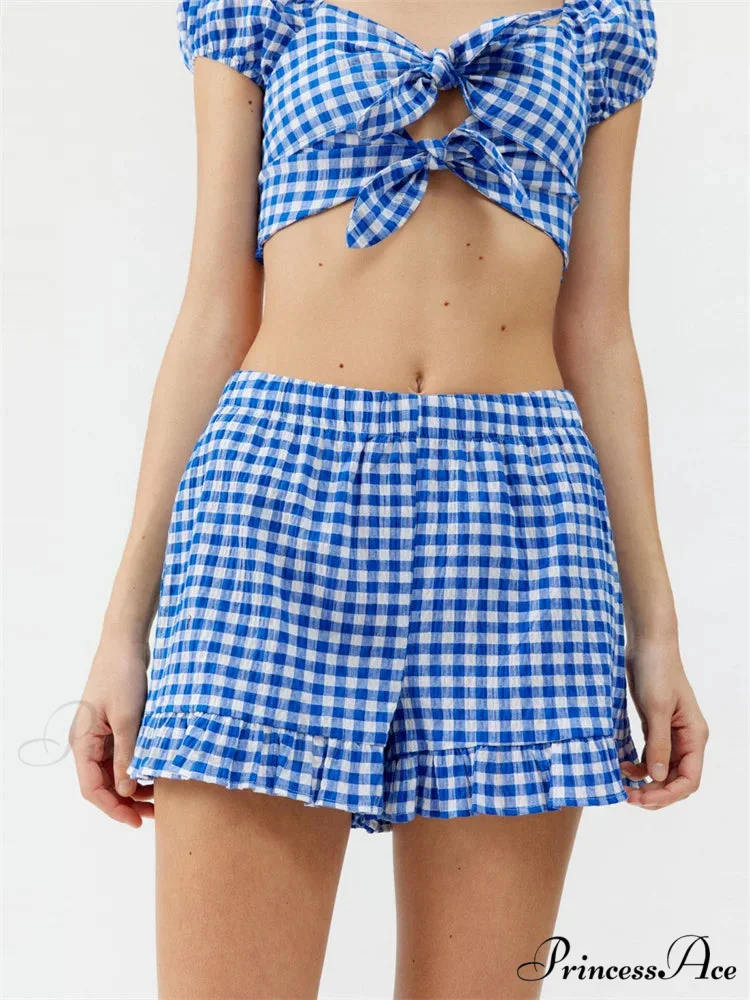 Checkered Pattern Knotted Short Sleeve T-shirt Crop Top with Stretchy Waist Shorts Set - Image 4