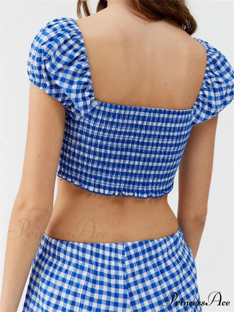 Checkered Pattern Knotted Short Sleeve T-shirt Crop Top with Stretchy Waist Shorts Set - Image 5