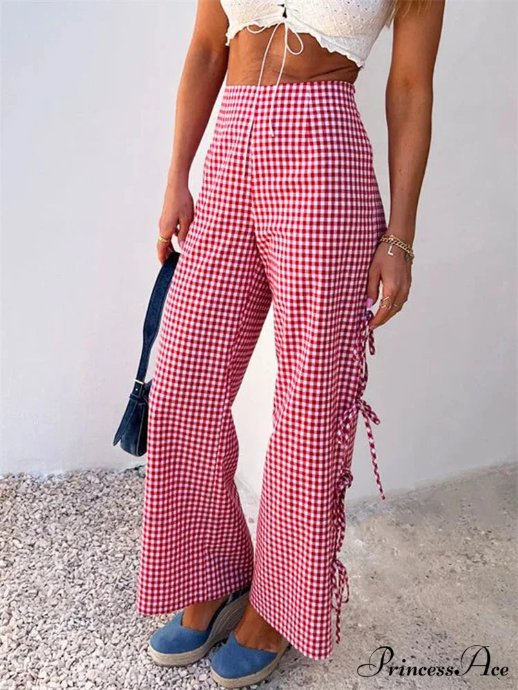 Checkered Pattern Lace-Up Side Hollow Informal Wide Pant