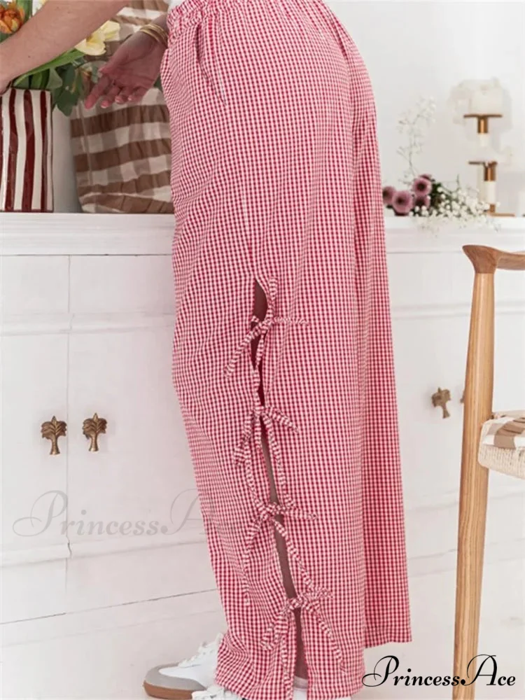 Checkered Pattern Lace-Up Side Hollow Informal Wide Pant - Image 2