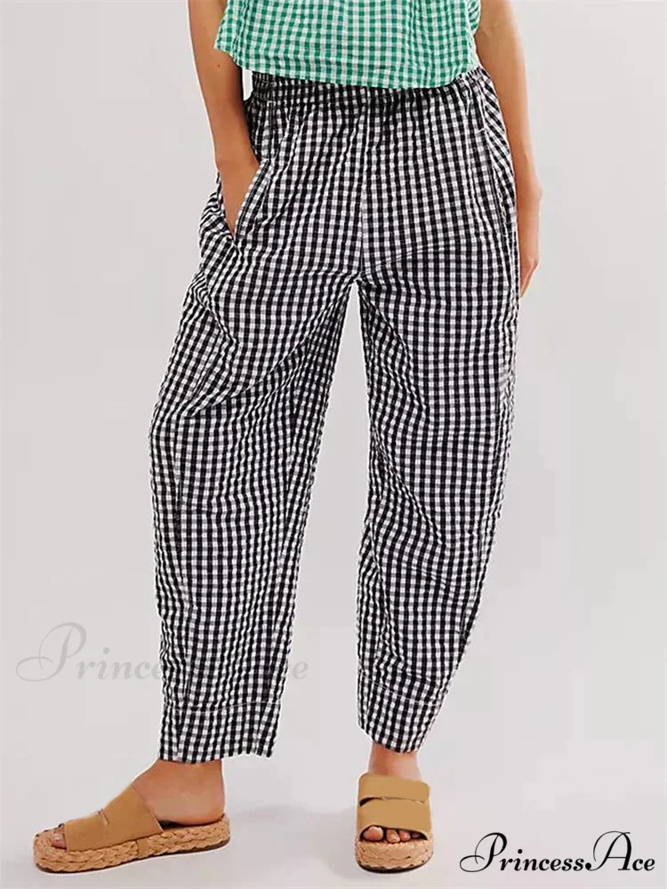 Checkered Pattern Stretchy Waist Relaxed Wide Leg Trouser - Image 5