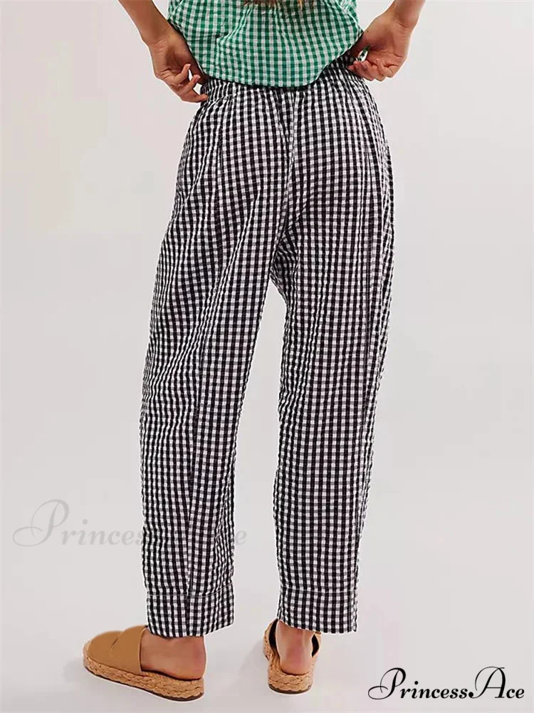Checkered Pattern Stretchy Waist Relaxed Wide Leg Trouser - Image 6