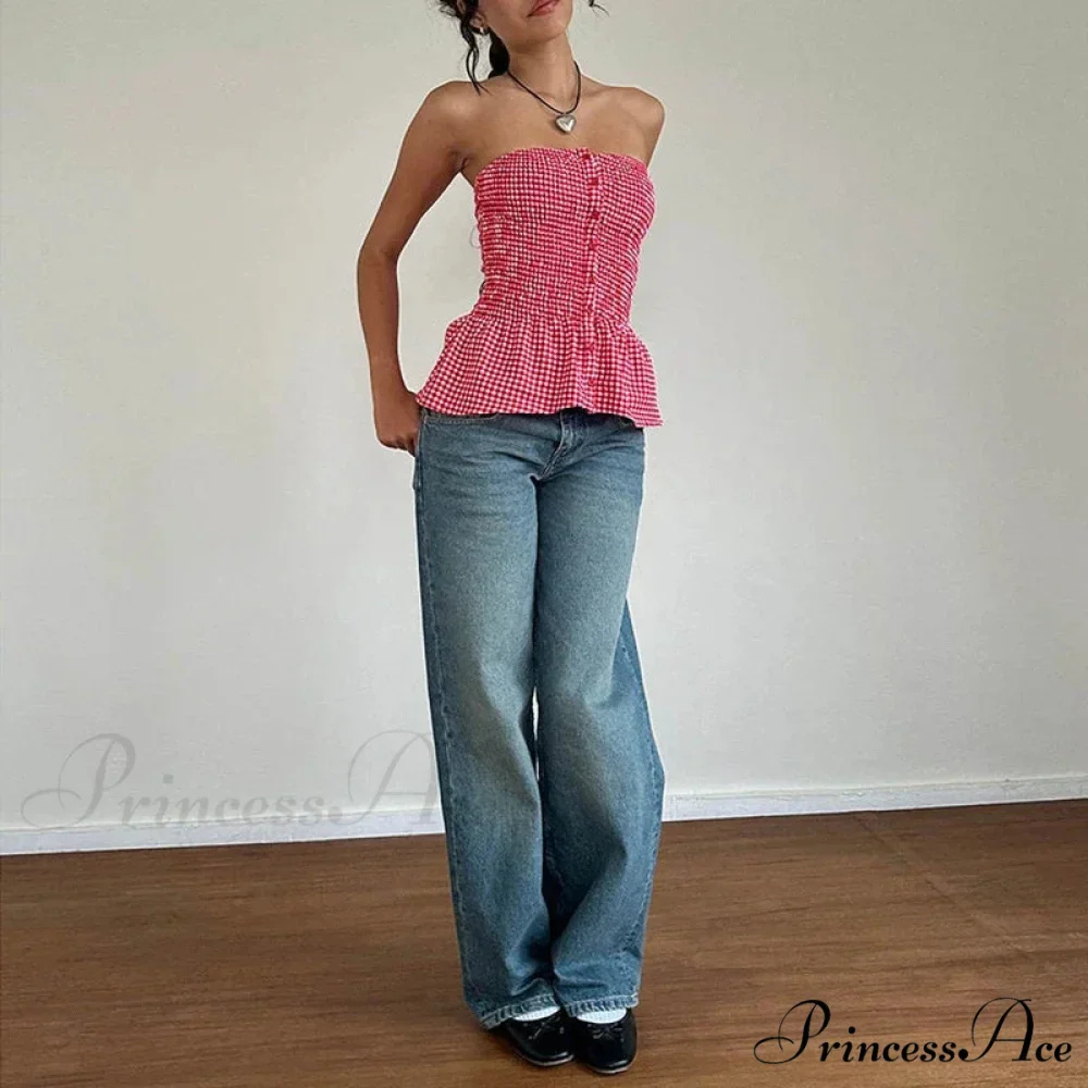 Checkered Pattern Tube Top Open-Back Fitted Crop Top - Image 4