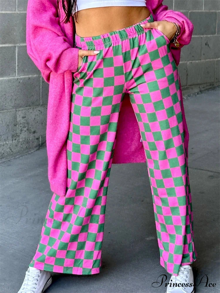 Checkered Pattern Wide Leg Stretchy Waist Informal Pant - Image 2