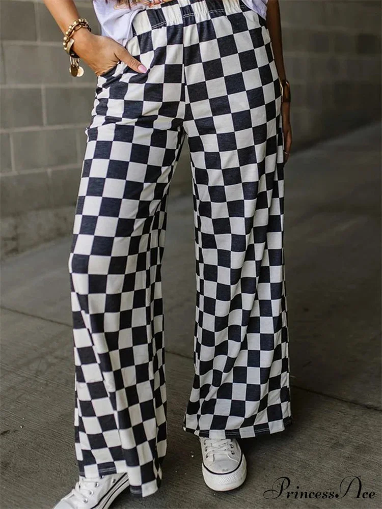 Checkered Pattern Wide Leg Stretchy Waist Informal Pant - Image 3