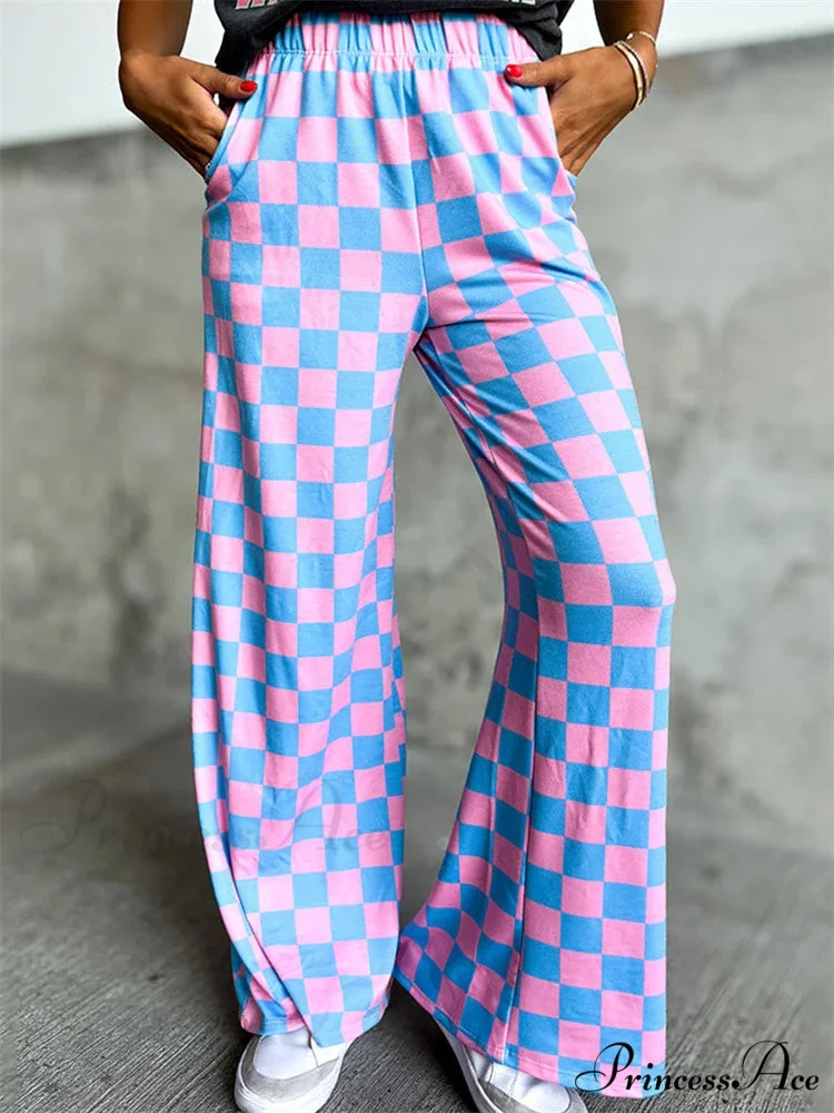 Checkered Pattern Wide Leg Stretchy Waist Informal Pant - Image 5