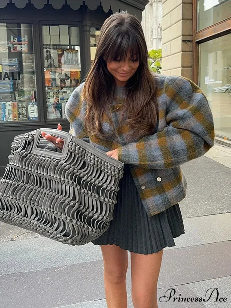 Checkered Pattern Woolen Short Coat - Image 4