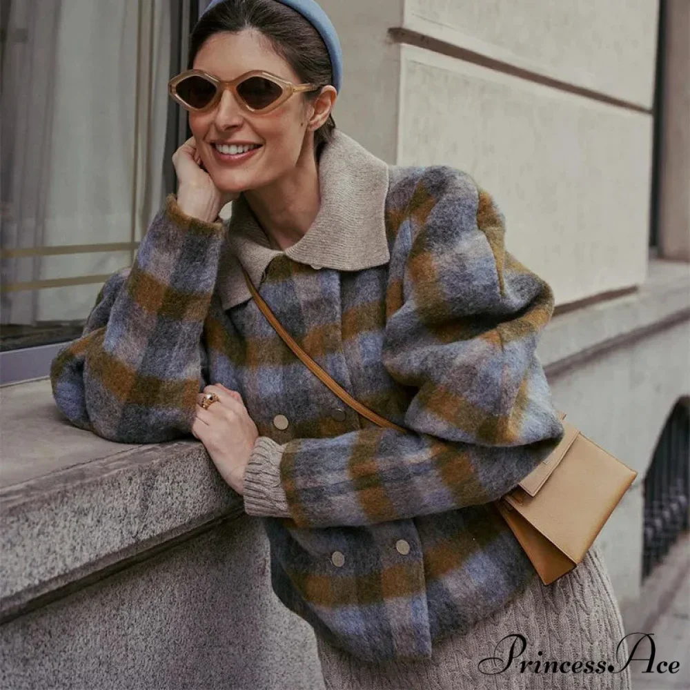 Checkered Pattern Woolen Short Coat - Image 6