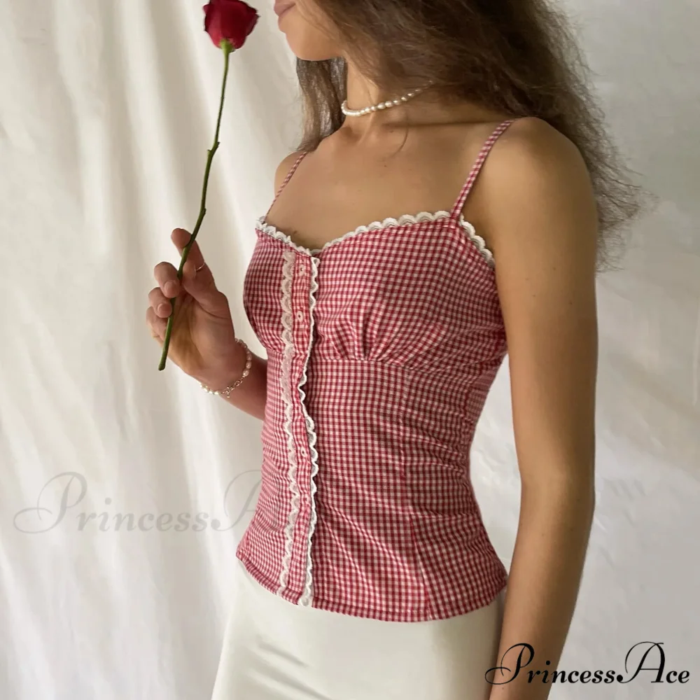 Checkered Plaid Lace Crop Top - Image 2