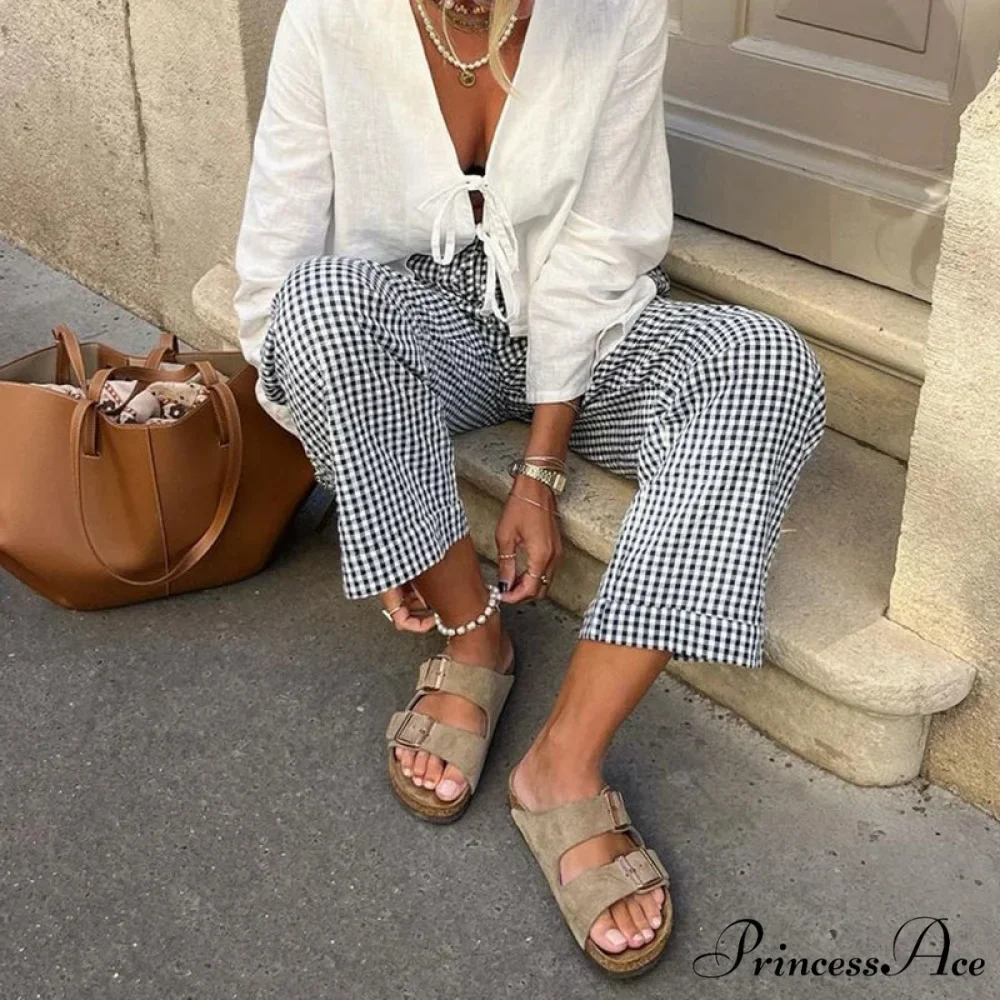 Checkered Print Stretchy Waist Tie Lounge Pant - Image 3