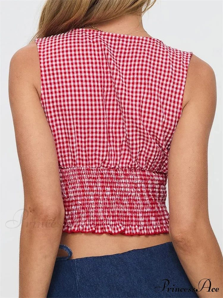 Checkered Ribbon Frill Hem Low-cut Crop Top - Image 3
