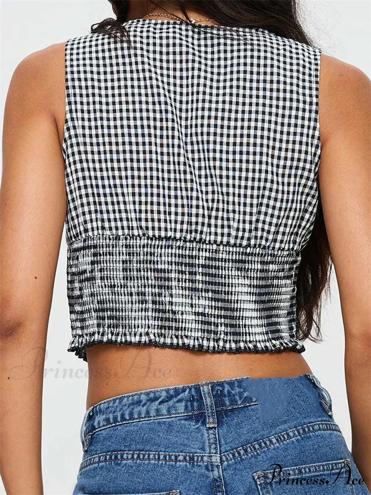 Checkered Ribbon Frill Hem Low-cut Crop Top - Image 6