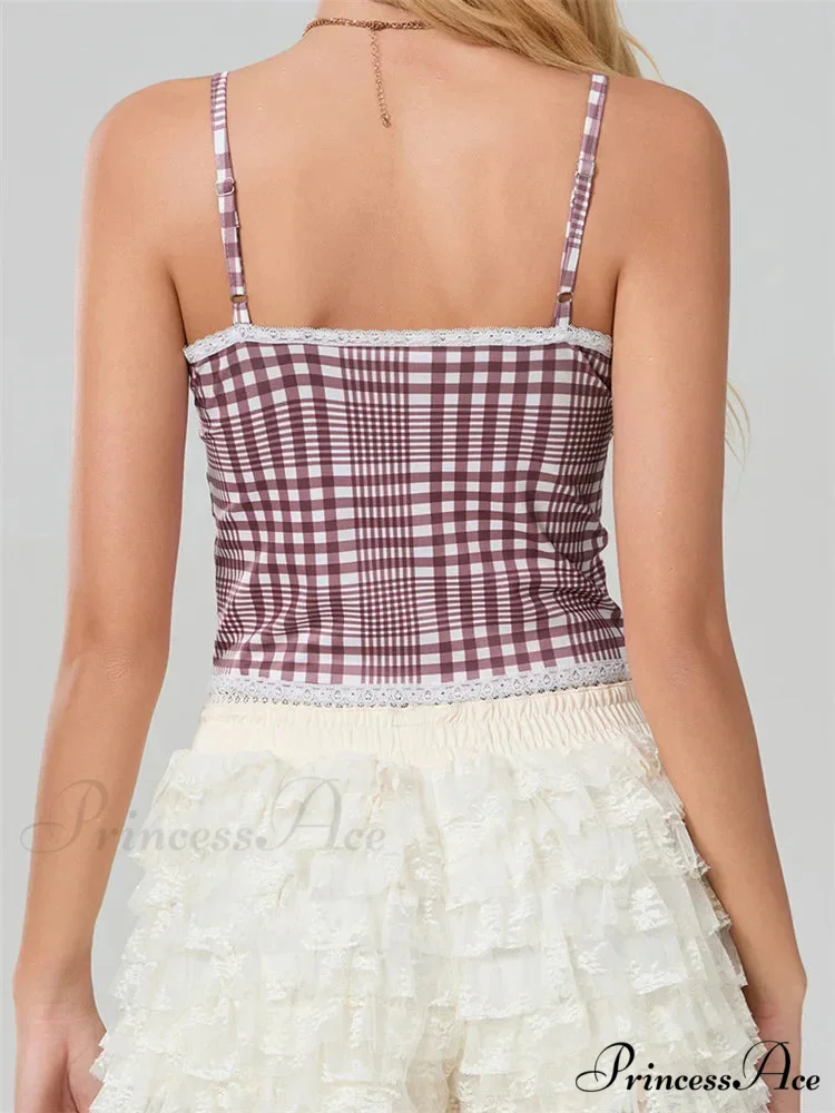 Checkered Ribbon Lace Trim Square Neck Crop Top - Image 2