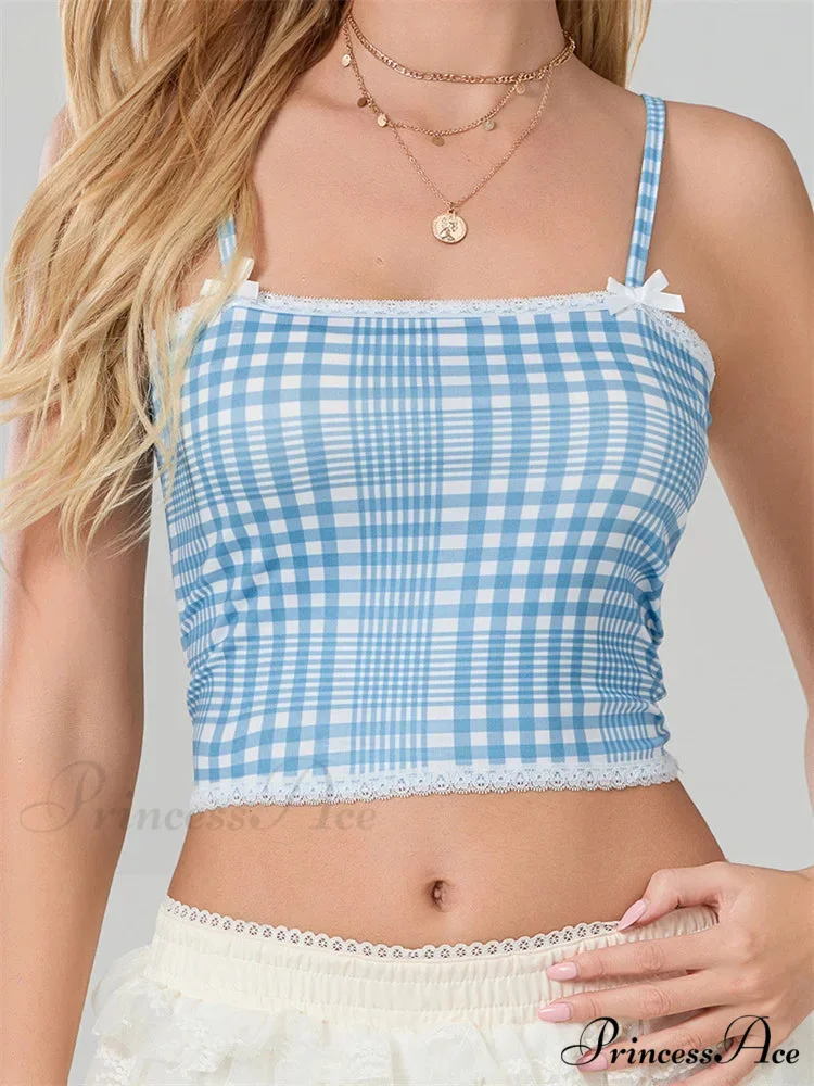 Checkered Ribbon Lace Trim Square Neck Crop Top - Image 3
