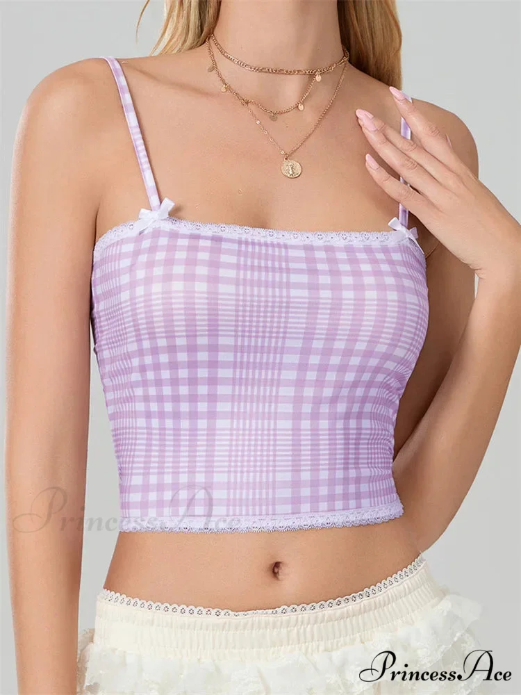 Checkered Ribbon Lace Trim Square Neck Crop Top - Image 6